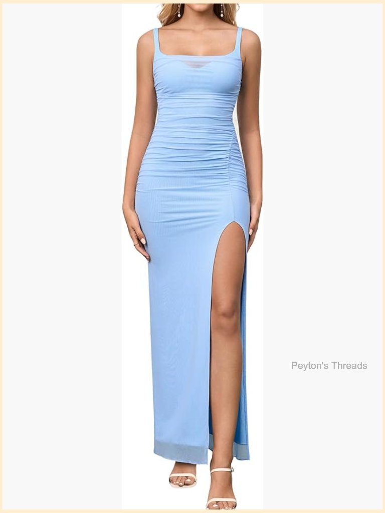V Neck Bodycon Ruched Mesh Formal Cocktail Party Maxi Dress With Slit